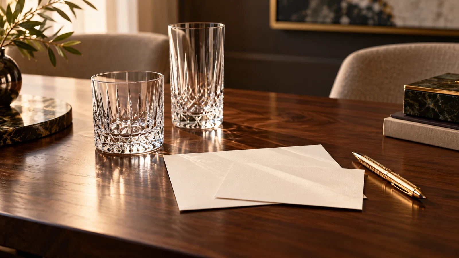 Two different crystal glasses beside cream note cards and a gold pen on a meeting table
