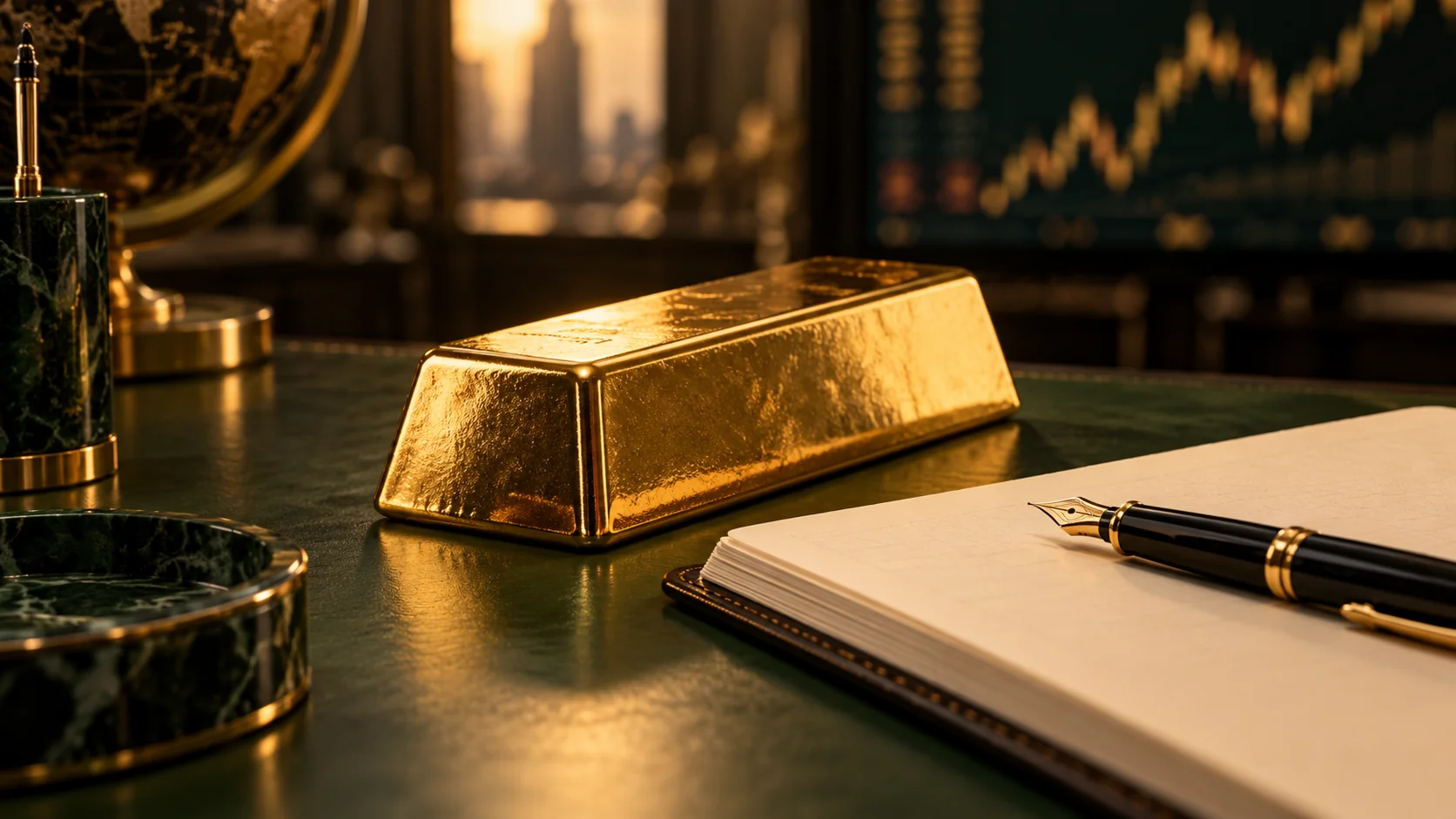Gold bar and journal, representing gold trading education