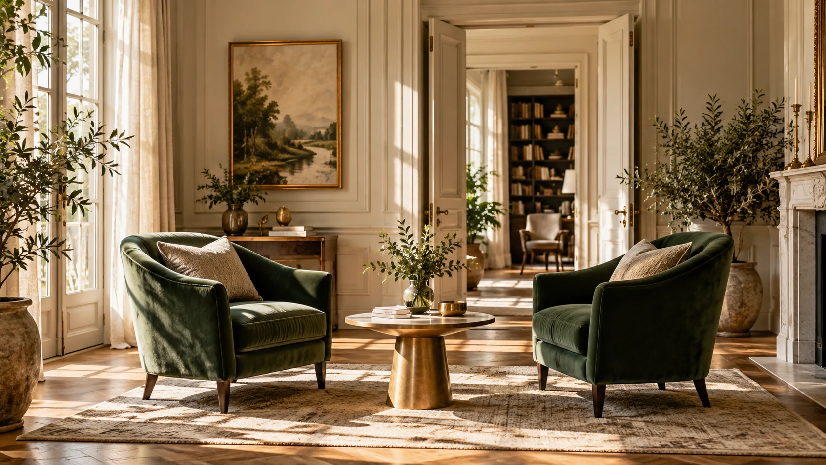 Two green armchairs facing each other in a light-filled room, representing a clear conversation