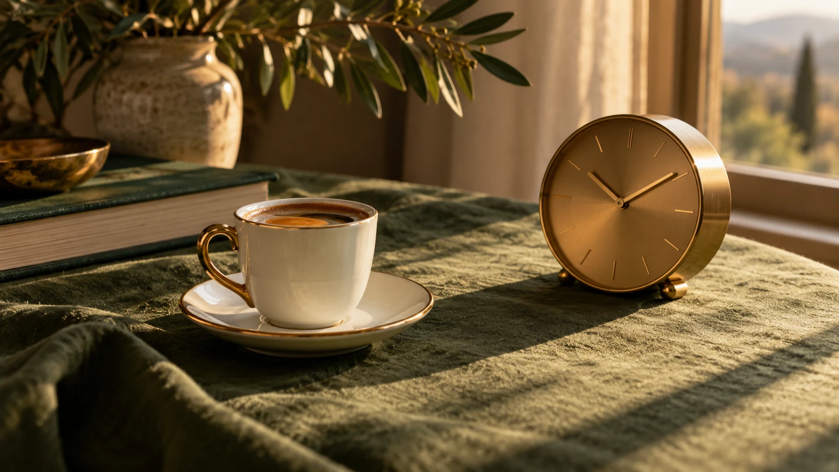 Espresso cup and brass clock in afternoon light, representing caffeine timing and sleep