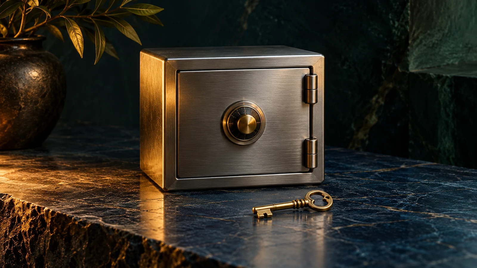A closed brushed-steel safe and a brass key on dark blue stone