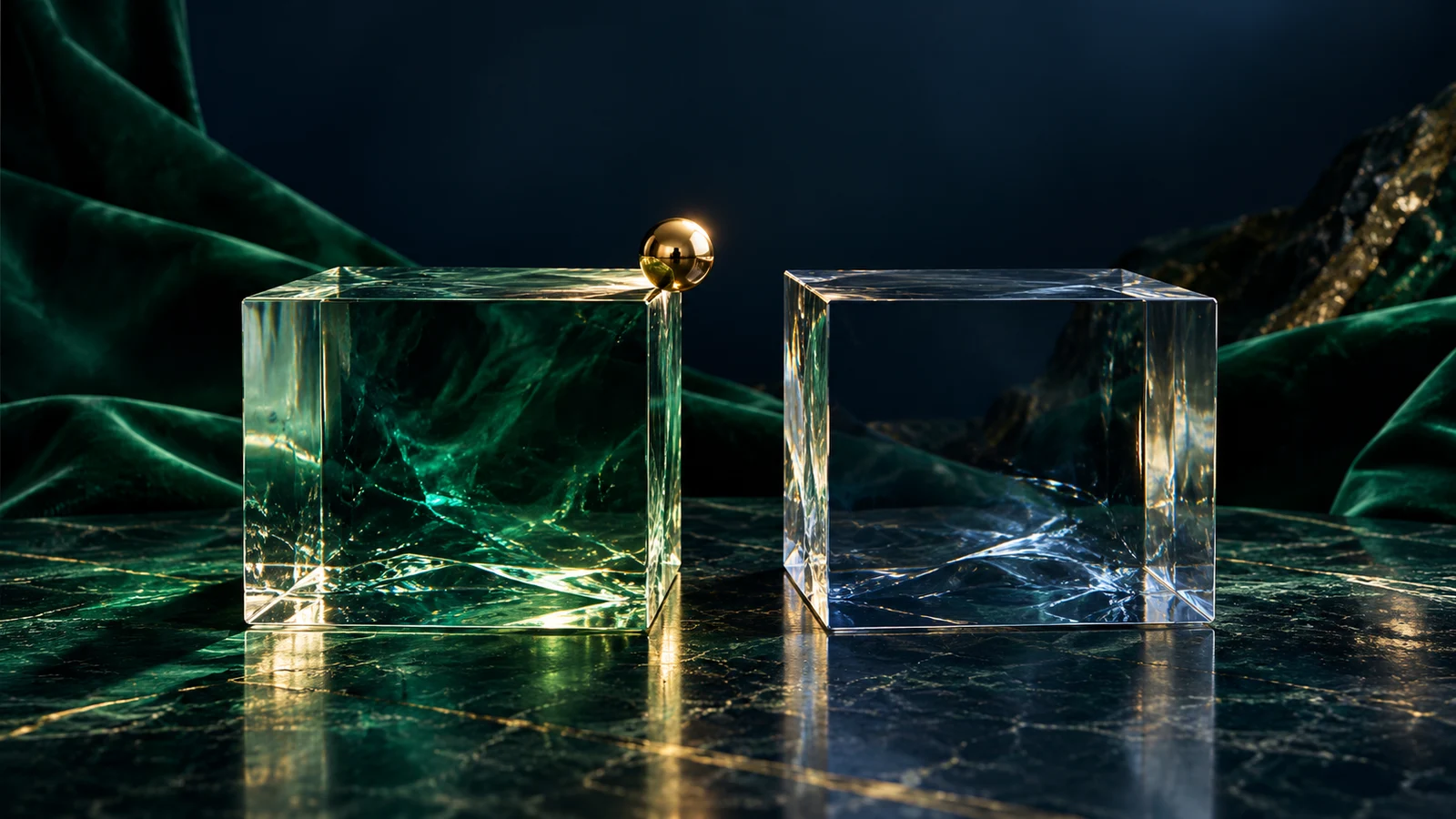 Two glass cubes separated by a gap with a gold sphere at one edge
