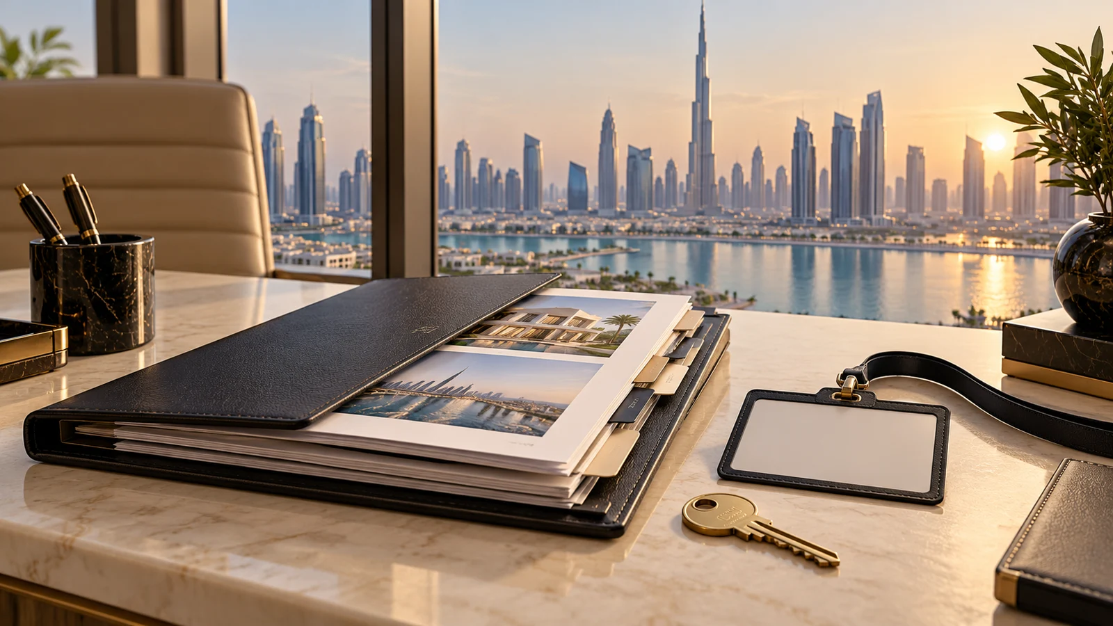 A property research folder, an unmarked identification card and keys in a Dubai office