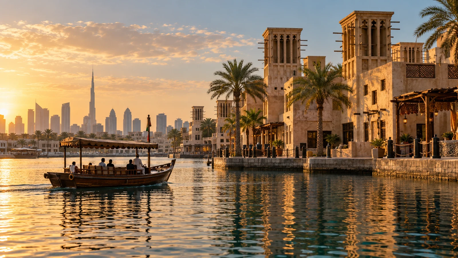 Dubai Creek waterfront with traditional wind towers and a wooden abra in warm light