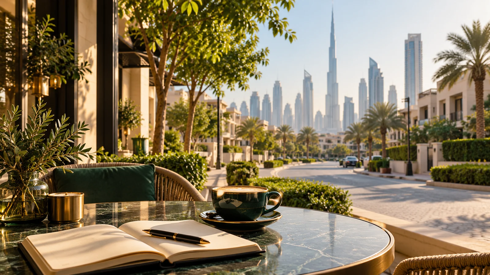 Shaded cafe terrace and a quiet Dubai residential street with a notebook in the foreground