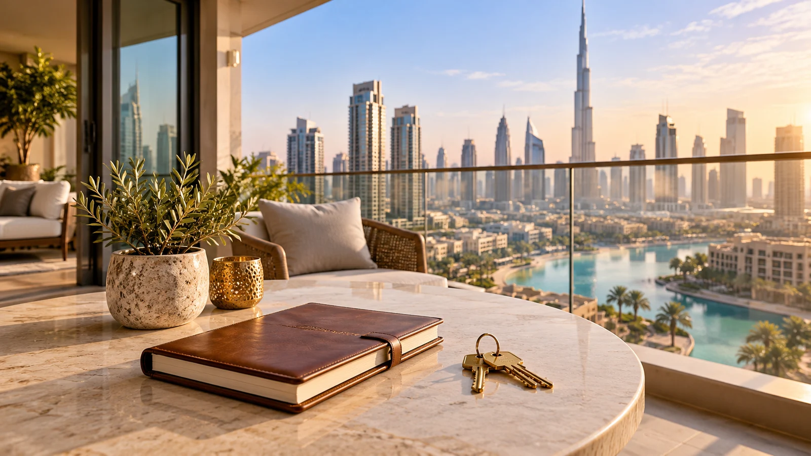 Dubai apartment balcony with keys and a maintenance ledger on a cream stone table