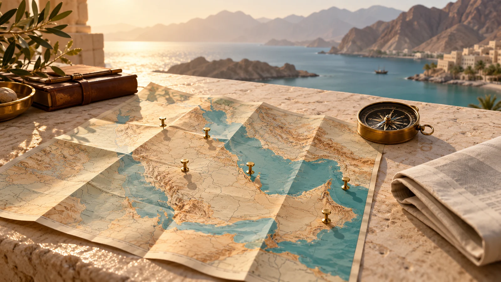 A folded regional map with six brass pins and a compass in warm Gulf morning light