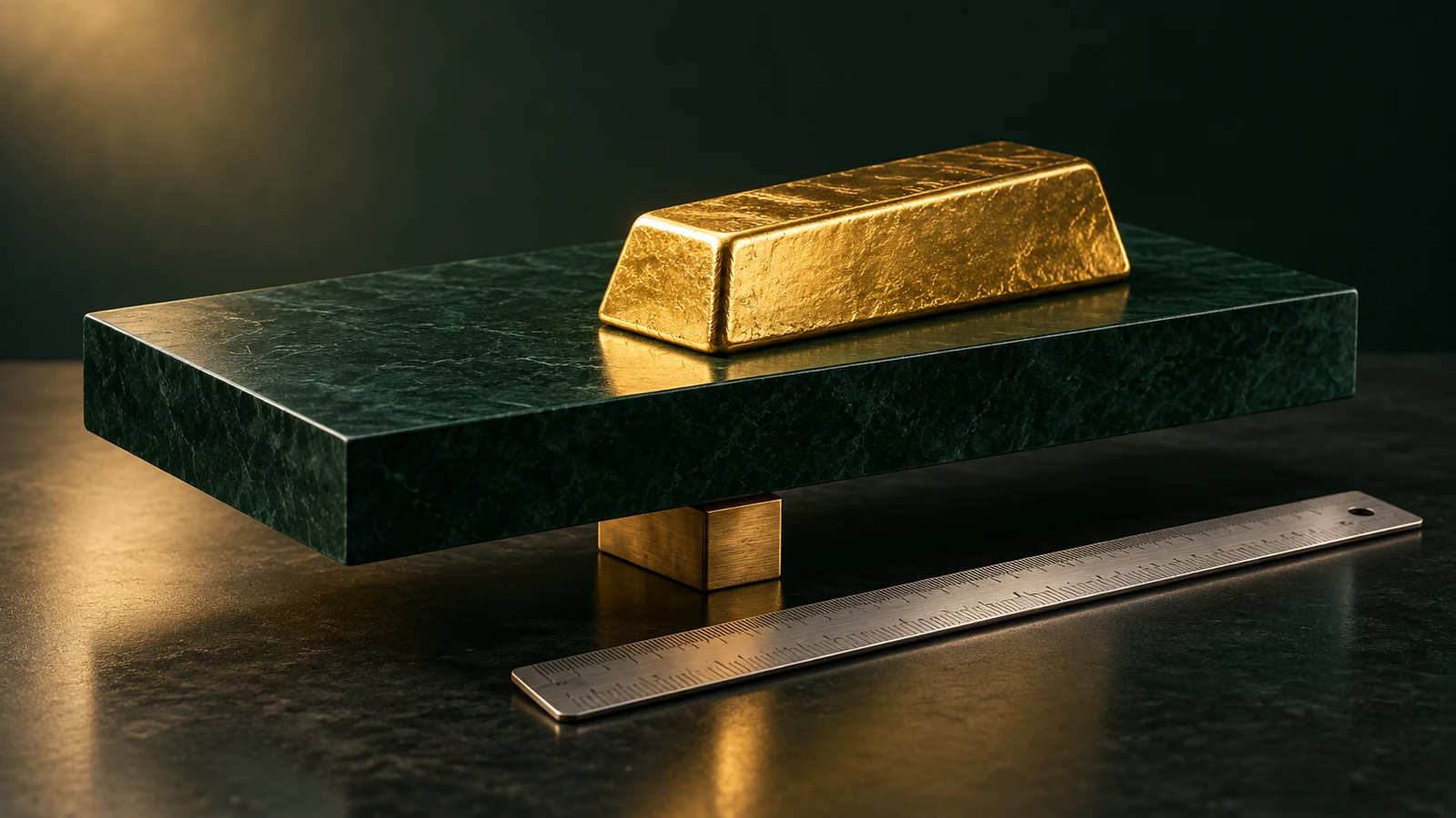 A gold ingot on a large green platform supported by a smaller brass base
