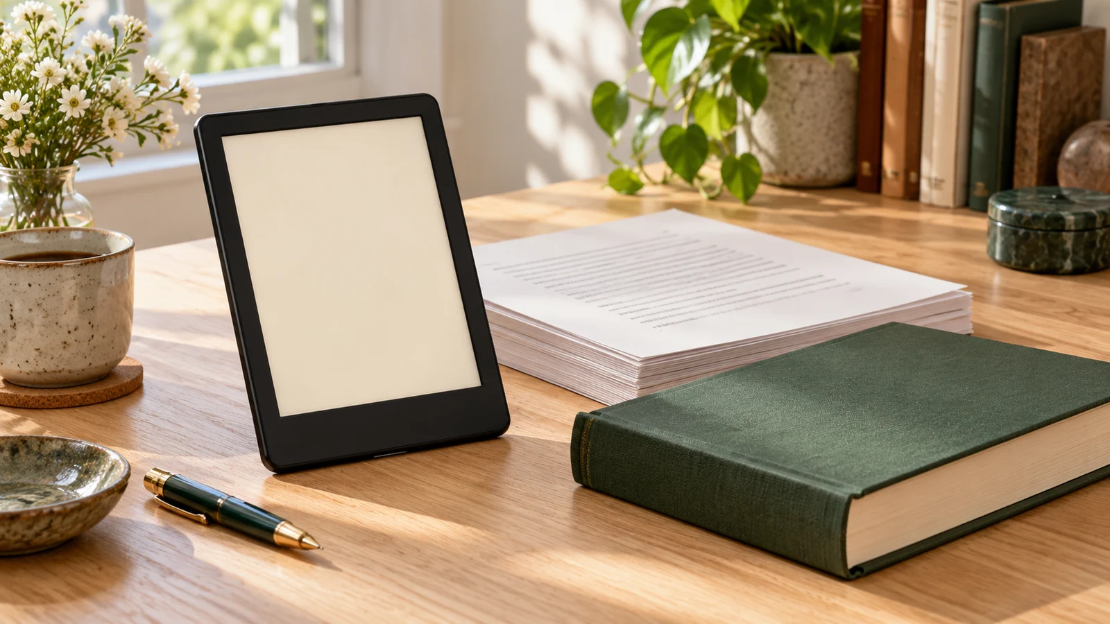 An e-reader beside a printed manuscript and green hardback on a light oak desk