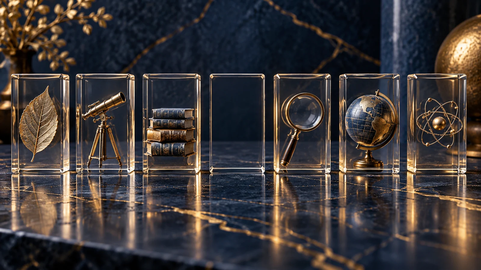 Glass observation tiles with an empty central tile among detailed gold research objects