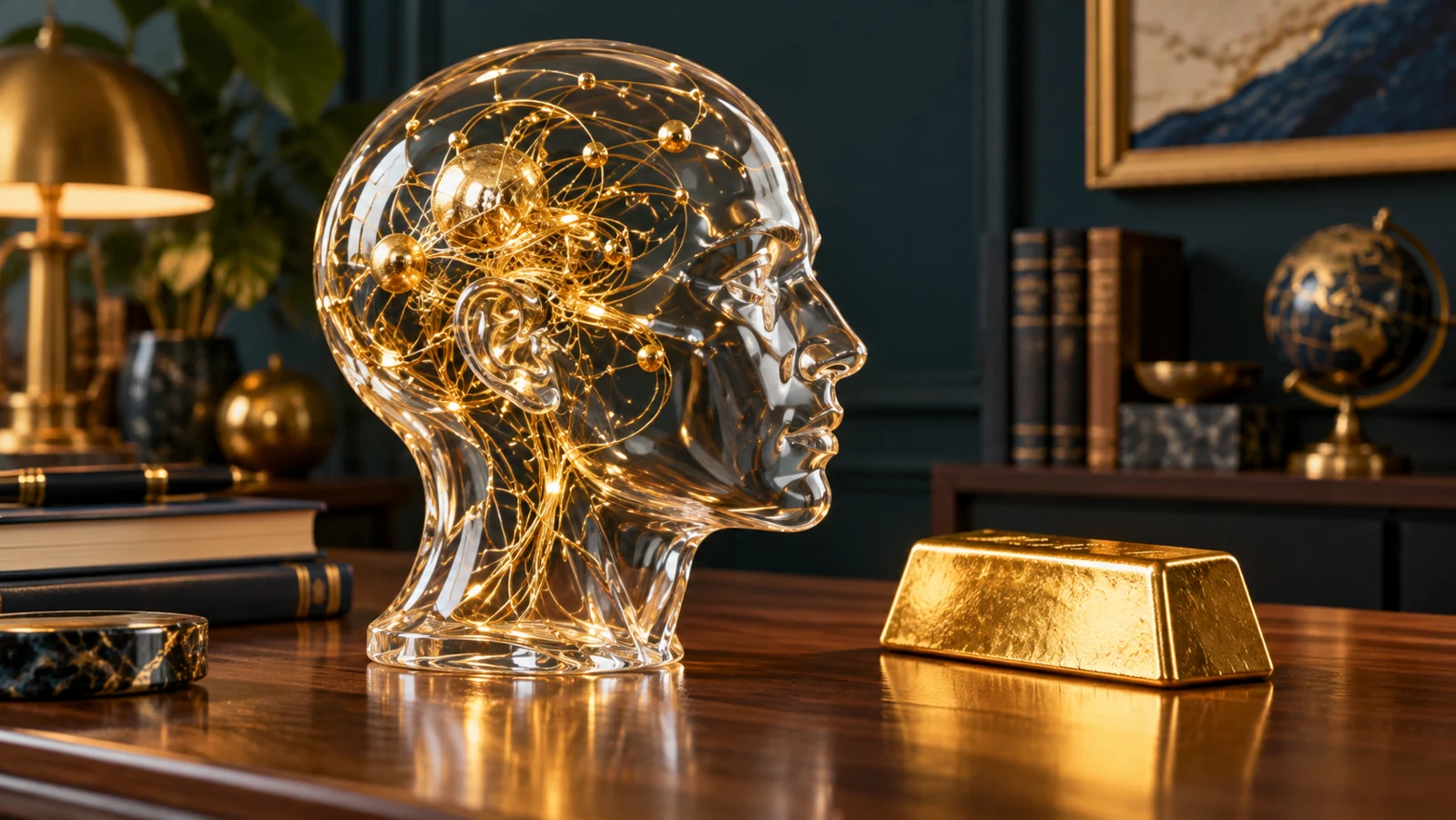 Conceptual glass head with golden filaments beside a gold ingot on a walnut desk