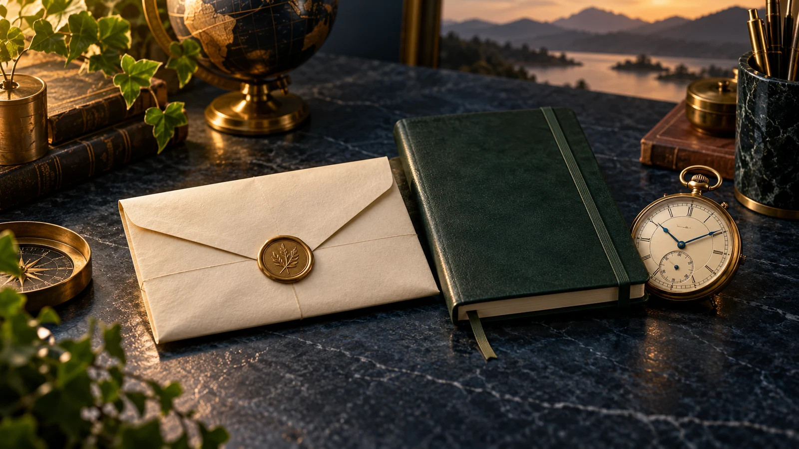 A sealed research envelope beside a green field notebook and brass chronometer