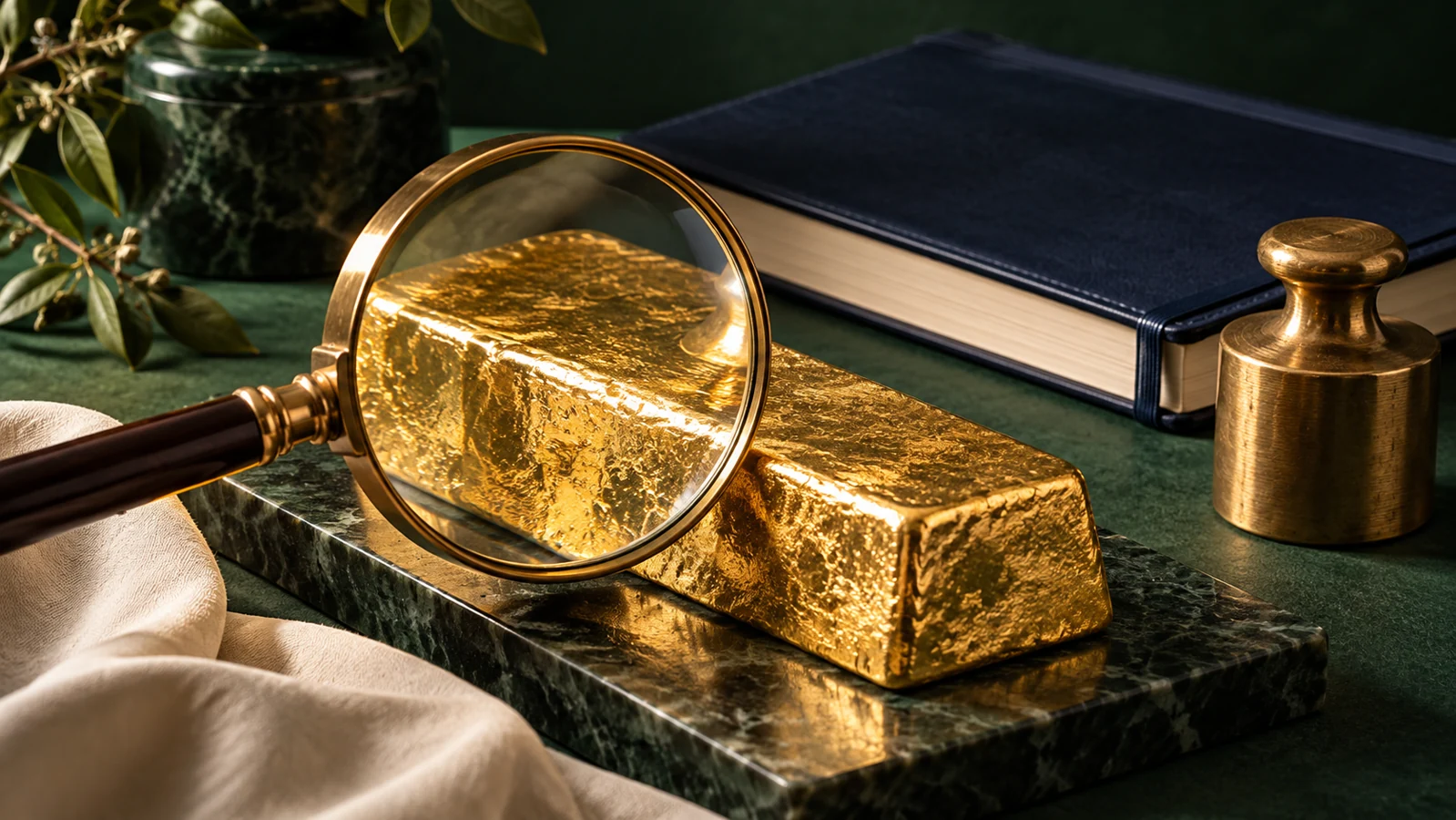 Magnifying glass examining a gold ingot beside a navy research notebook