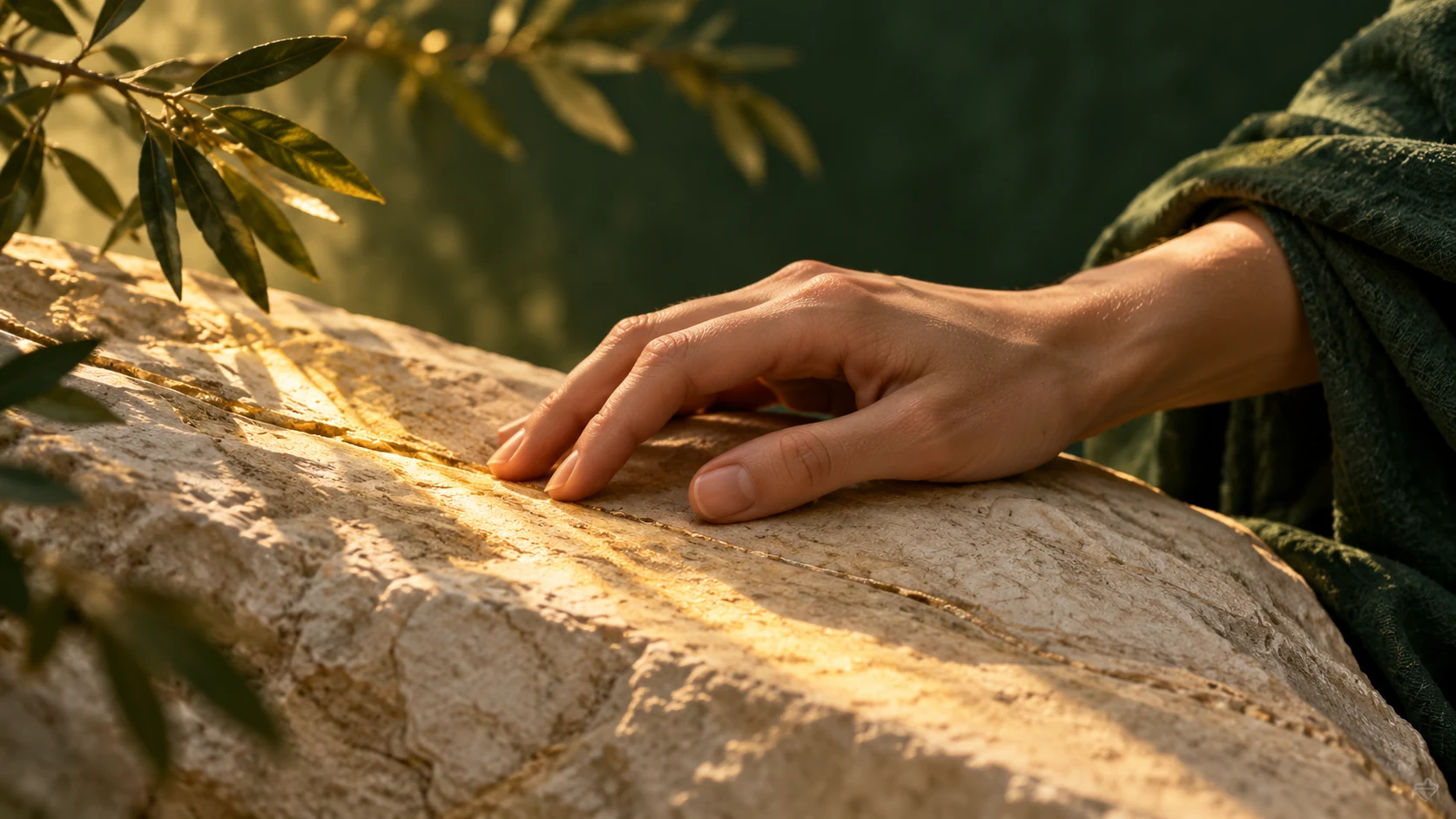 Hand resting gently on textured ivory stone in warm light, an editorial image about pain and care