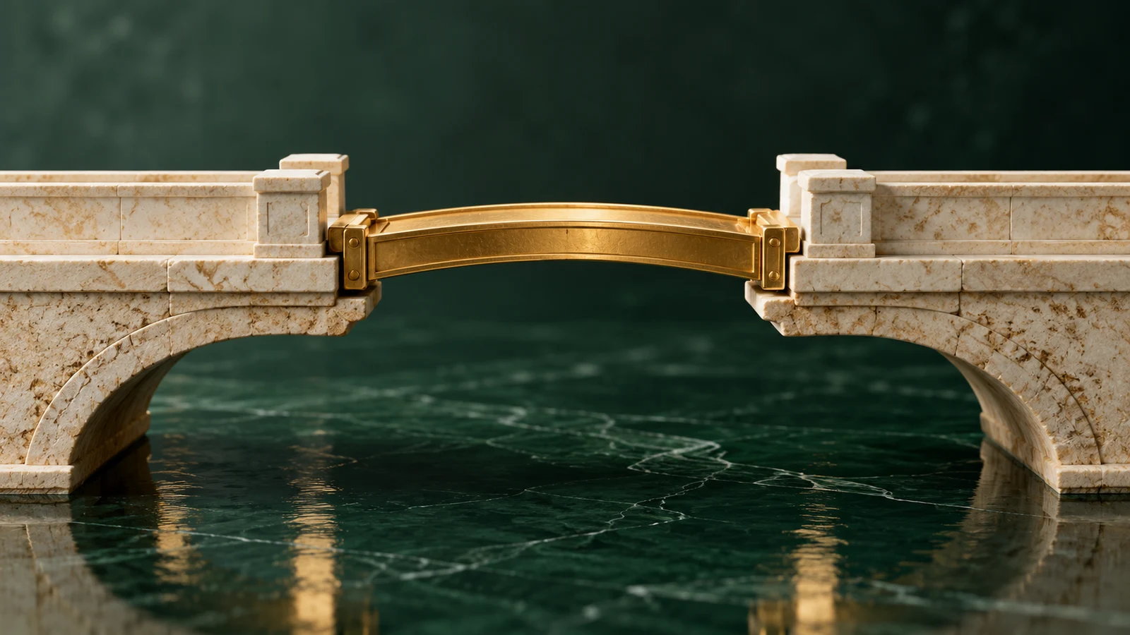 A cream stone bridge with an adjustable gold connecting segment over an emerald surface