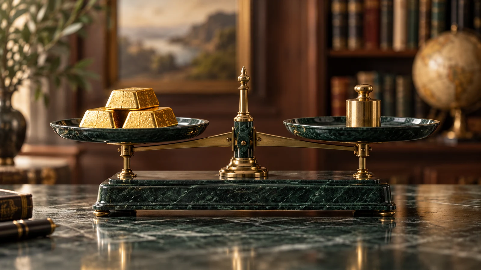 Three gold ingots together on a dark green balance tray with a brass counterweight