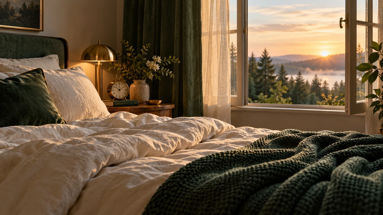 A quiet bedroom in soft dawn light with cream linen and an open window