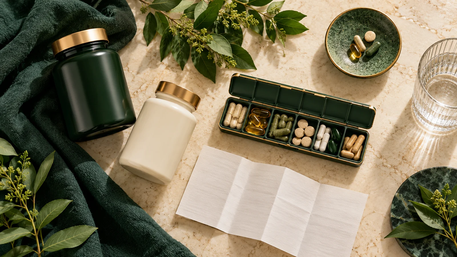 Supplement bottles, a medicine leaflet, botanical leaves and a pill organiser on cream stone