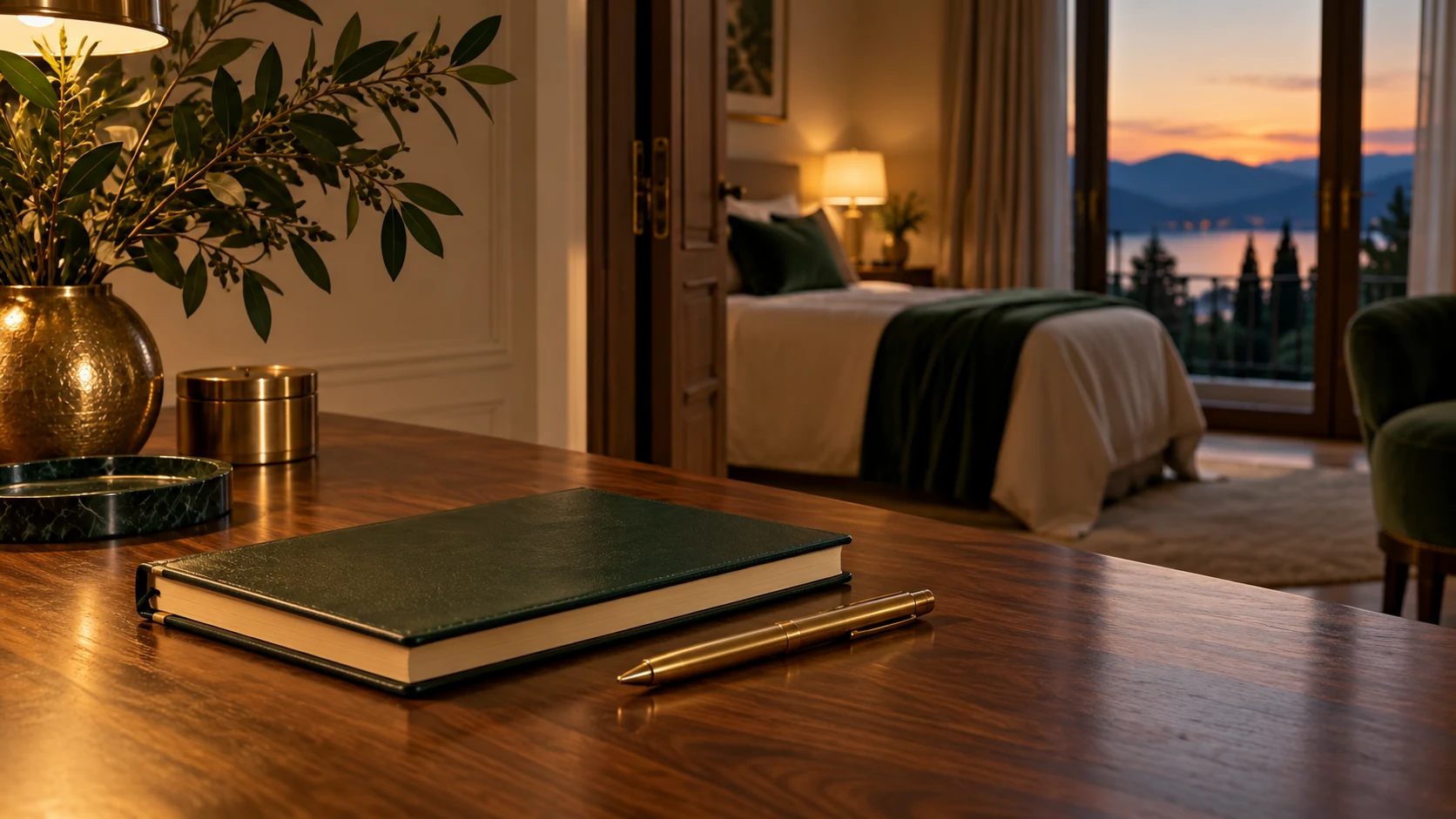 Closed notebook and brass pen beside a softly lit bedroom, illustrating an evening planning boundary