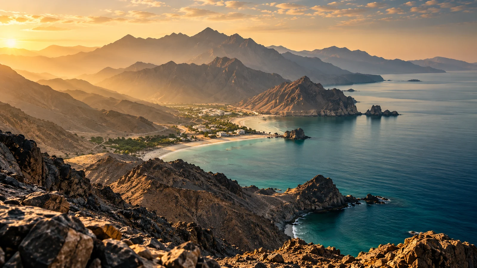 UAE mountain scenery meeting a quiet coastline in soft morning light