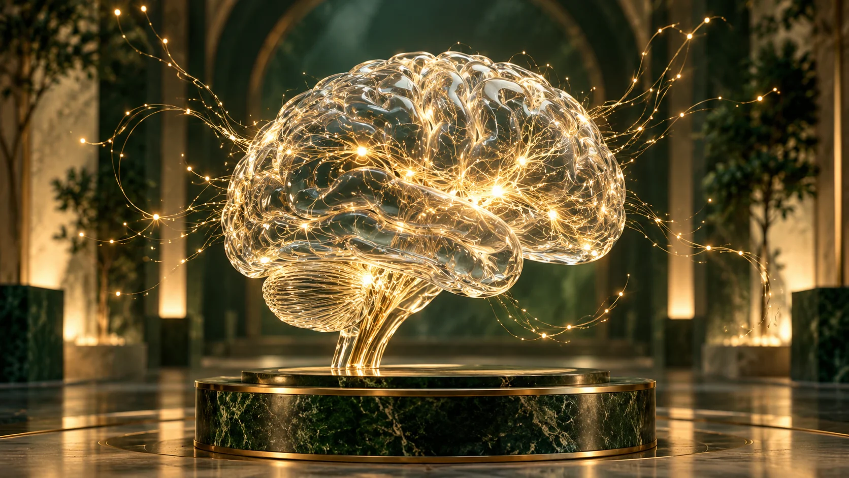 Illuminated brain sculpture, representing the nervous system and human factor