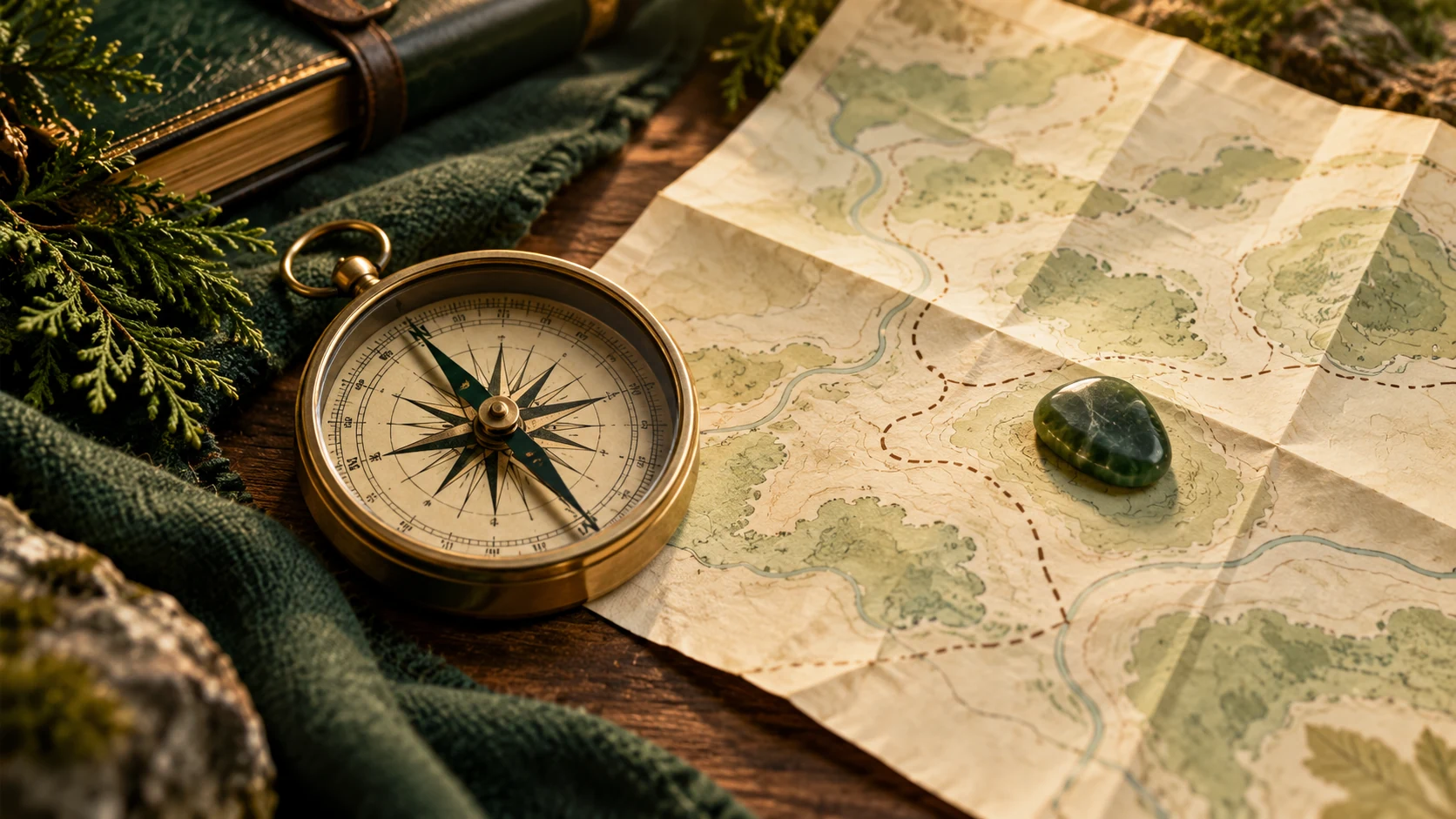 Brass compass and an unlabelled paper map, representing a plan being reviewed against evidence