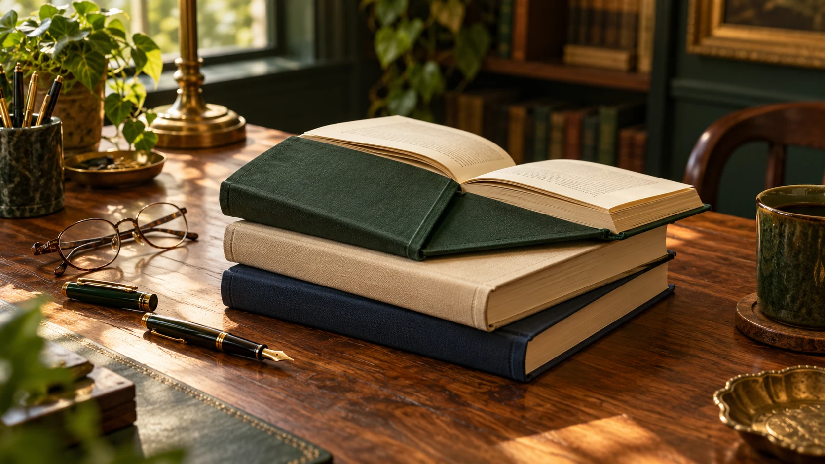 Books stacked naturally on a walnut writing desk with an open volume, pen and reading glasses
