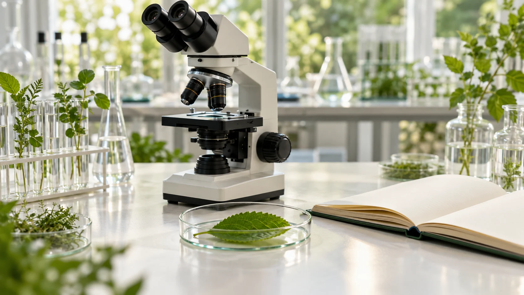 Microscope and botanical sample, representing medical knowledge